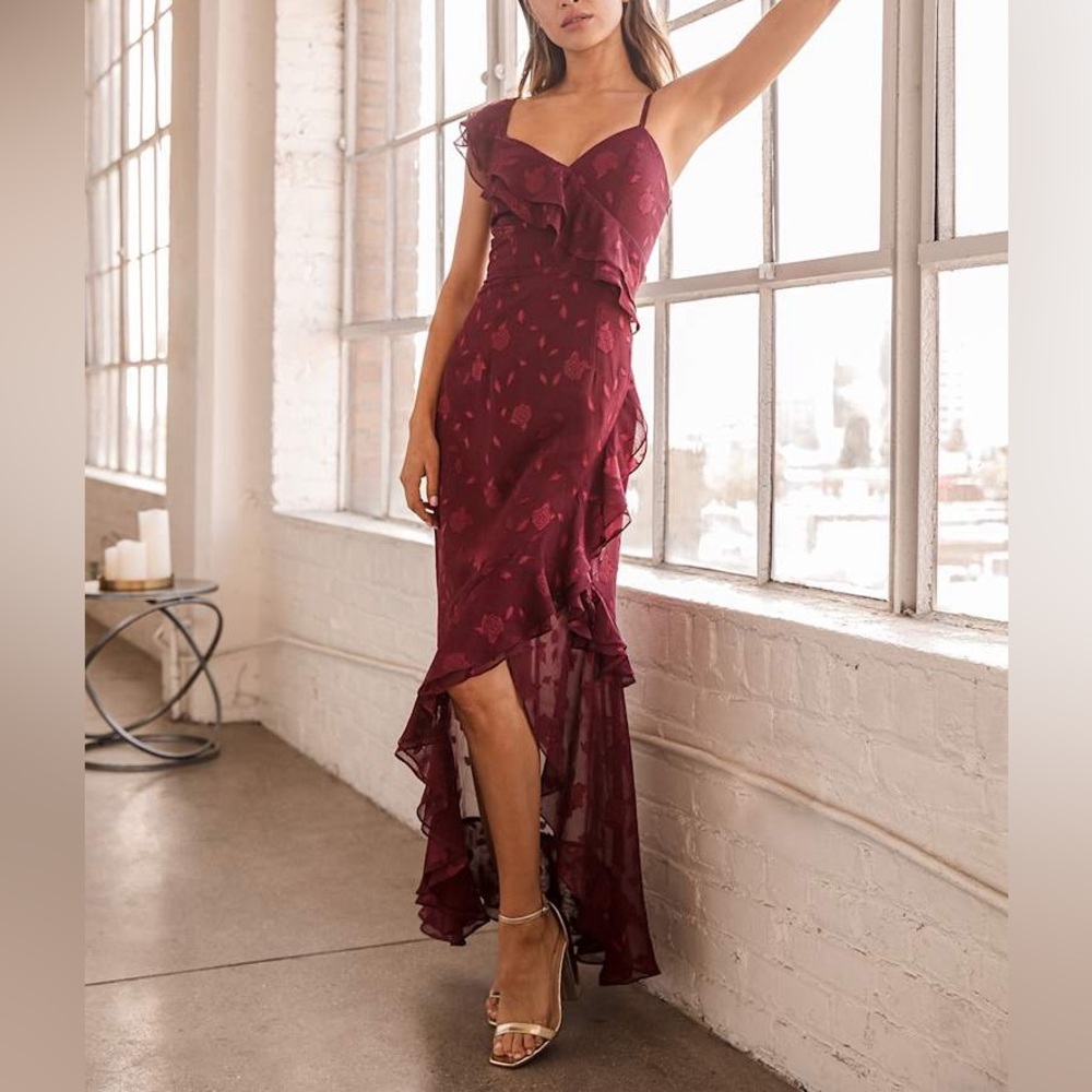 NWT Lulus Forever Be Burgundy Floral Jacquard Ruffled Maxi Dress